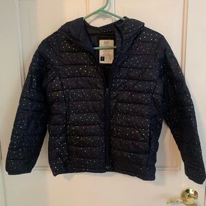 GAP Kids Dark Blue Puffer Jacket with Multicolor Hearts